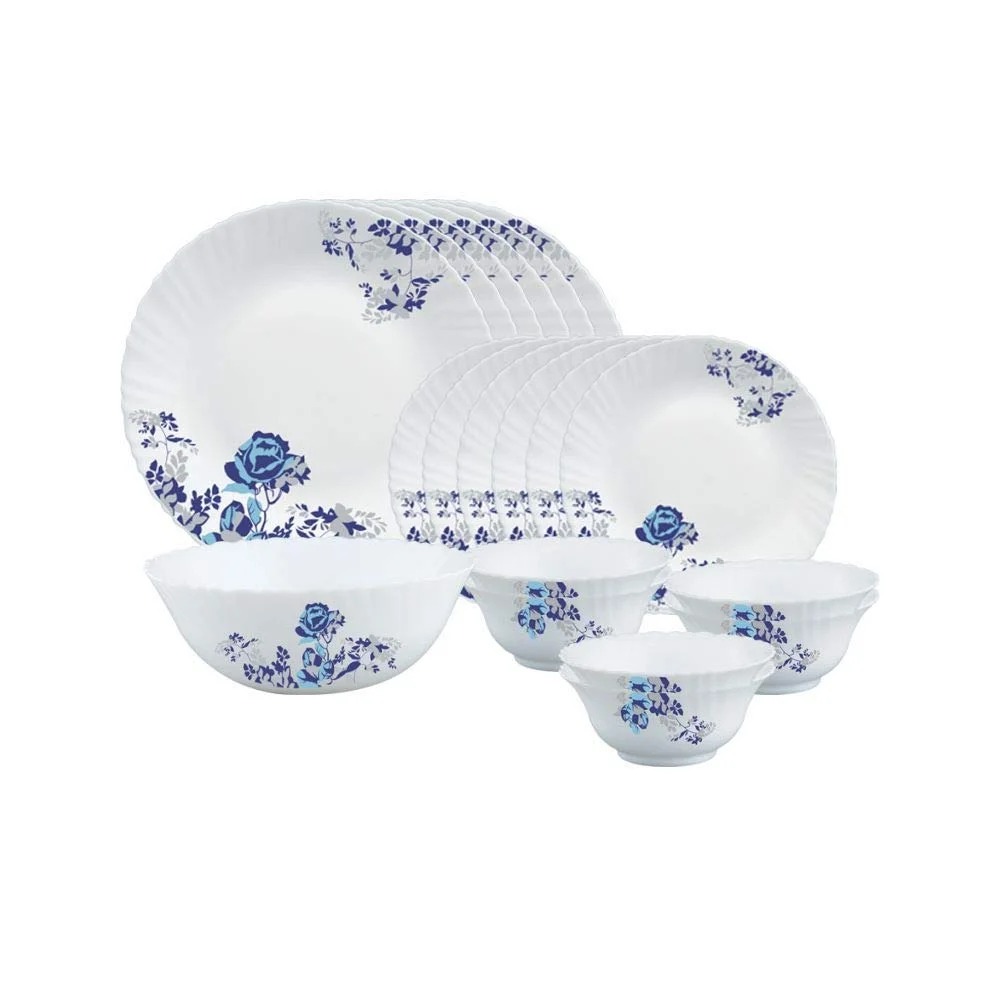 Larah by Borosil Blue Cascade Opalware Dinner Set, 20 Pieces, White