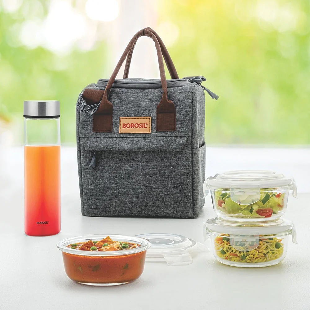 Borosil Pro Lunch Set - 3 Containers Glass Lunch Box With Glass Water Bottle Set